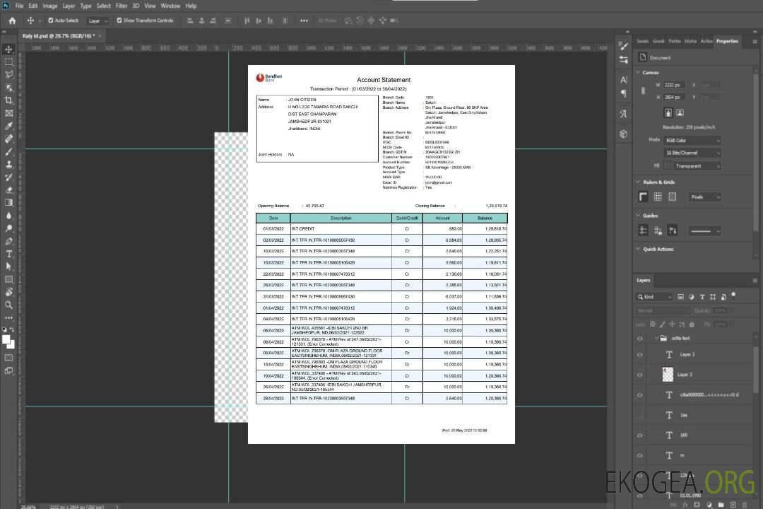 Relevé bancaire de Bandhan en Inde template Relevé bancaire de Bandhan en Inde template